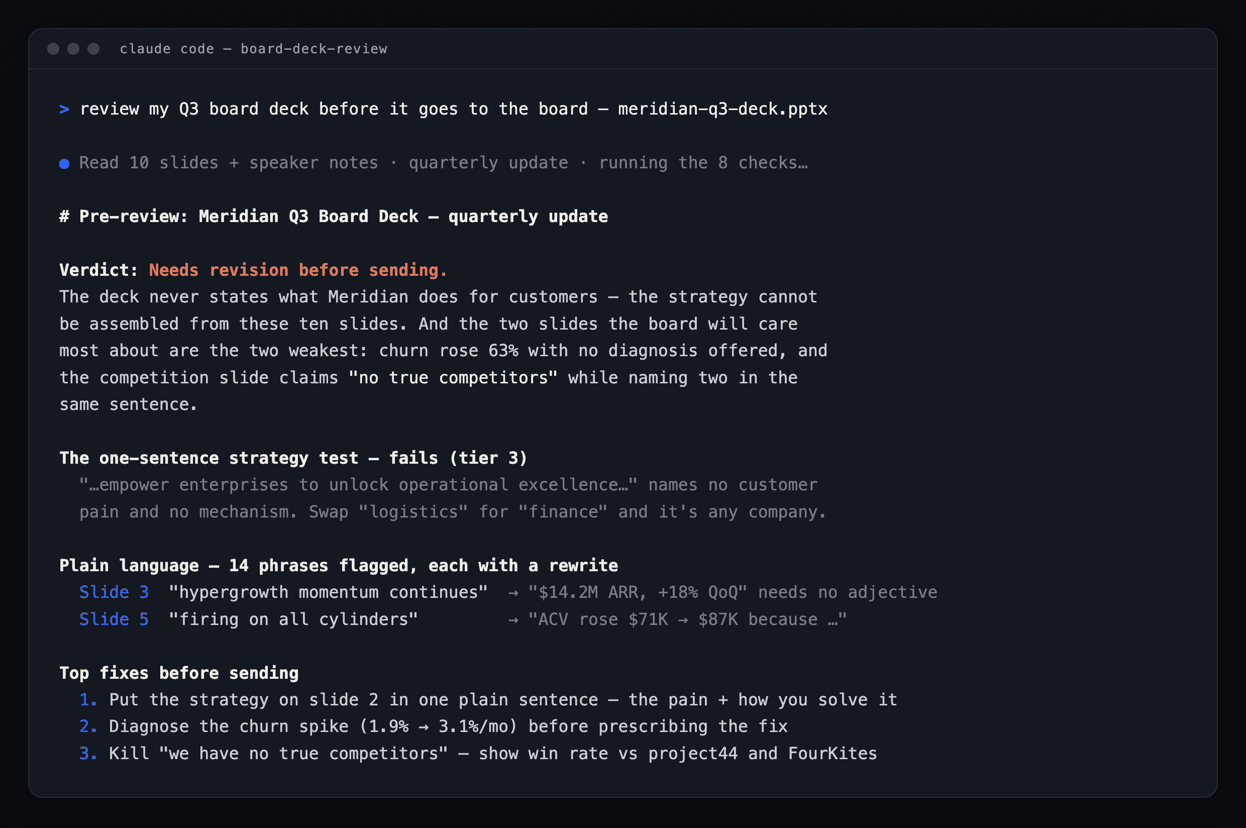 Example ThoughtfulBits Skills board-deck audit with a verdict, plain-language findings, and prioritized fixes