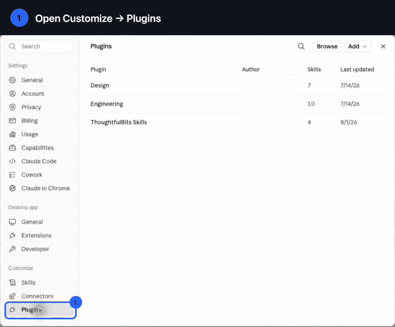 Claude Desktop Plugins settings with Customize and Plugins highlighted