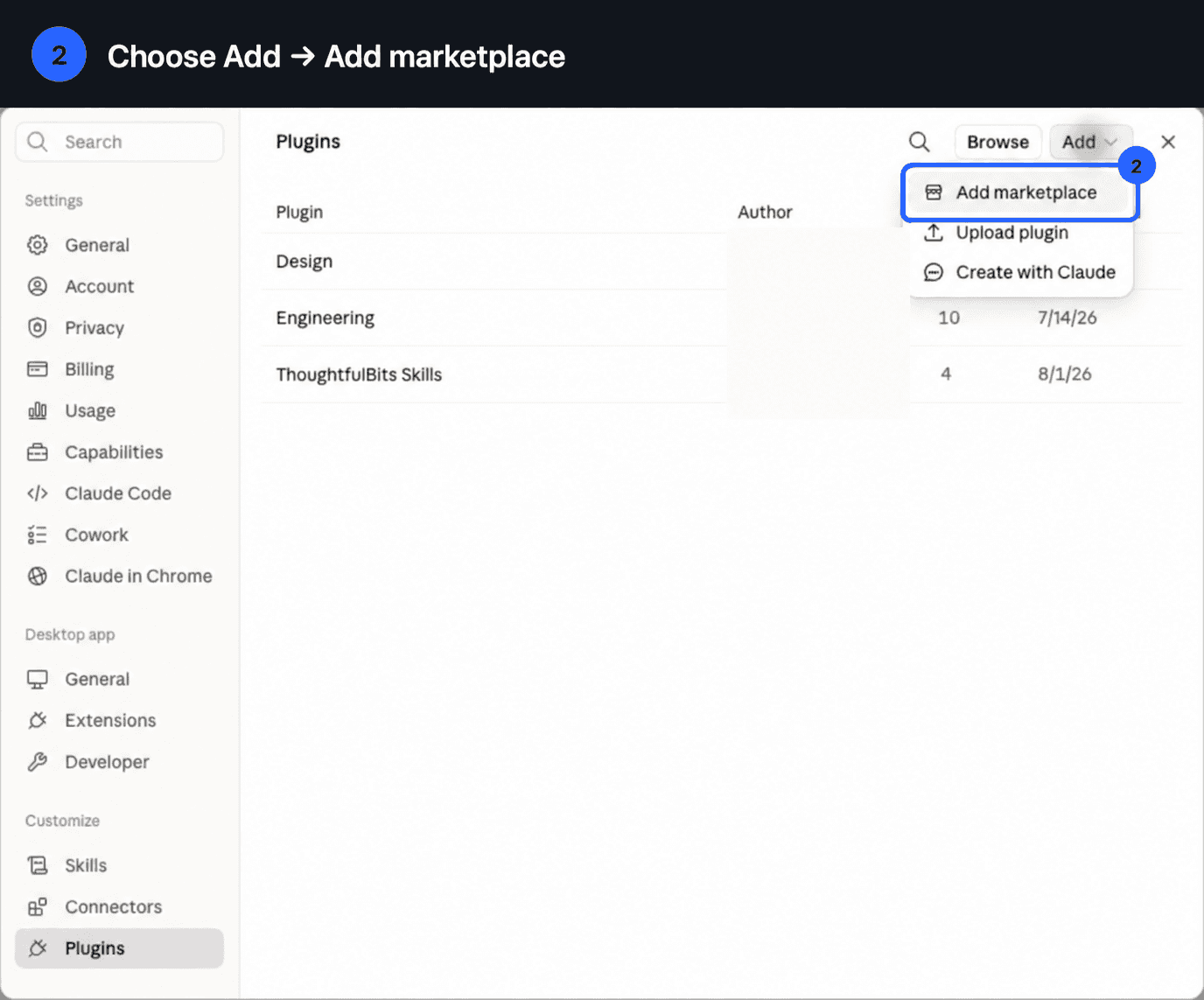 The Add menu in Claude Desktop with Add marketplace highlighted