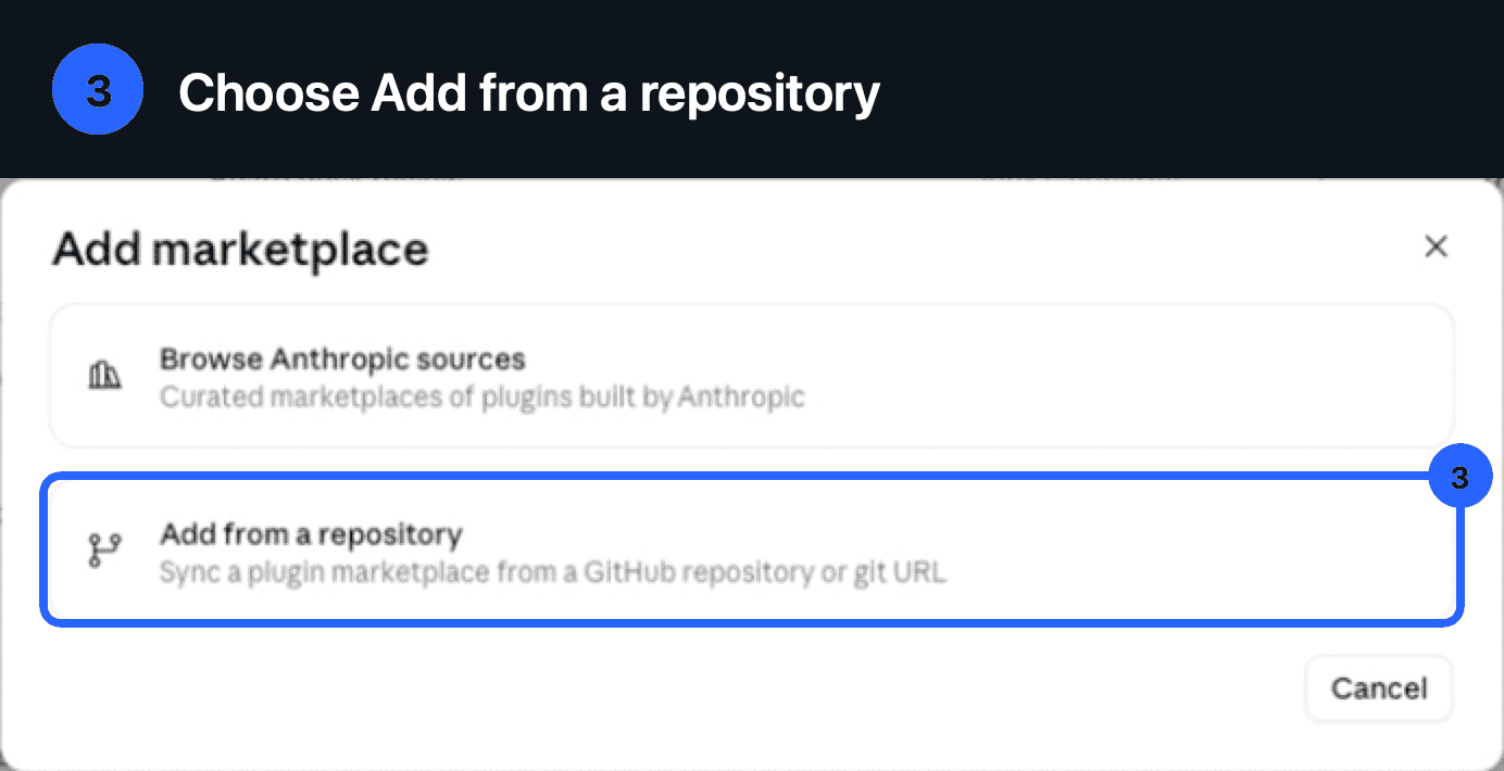 The Add marketplace dialog with Add from a repository highlighted