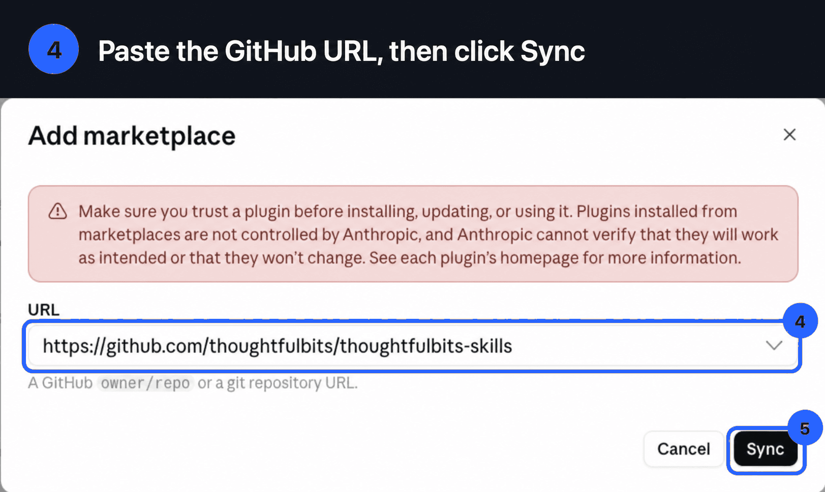 The GitHub repository URL entered in Claude Desktop with Sync highlighted